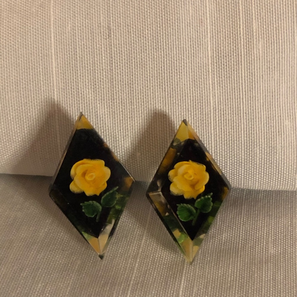 Lucite Yellow Rose Vintage Earrings